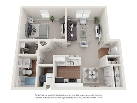 Floor plan for 1 bed, 1 bath, 750 sqft
